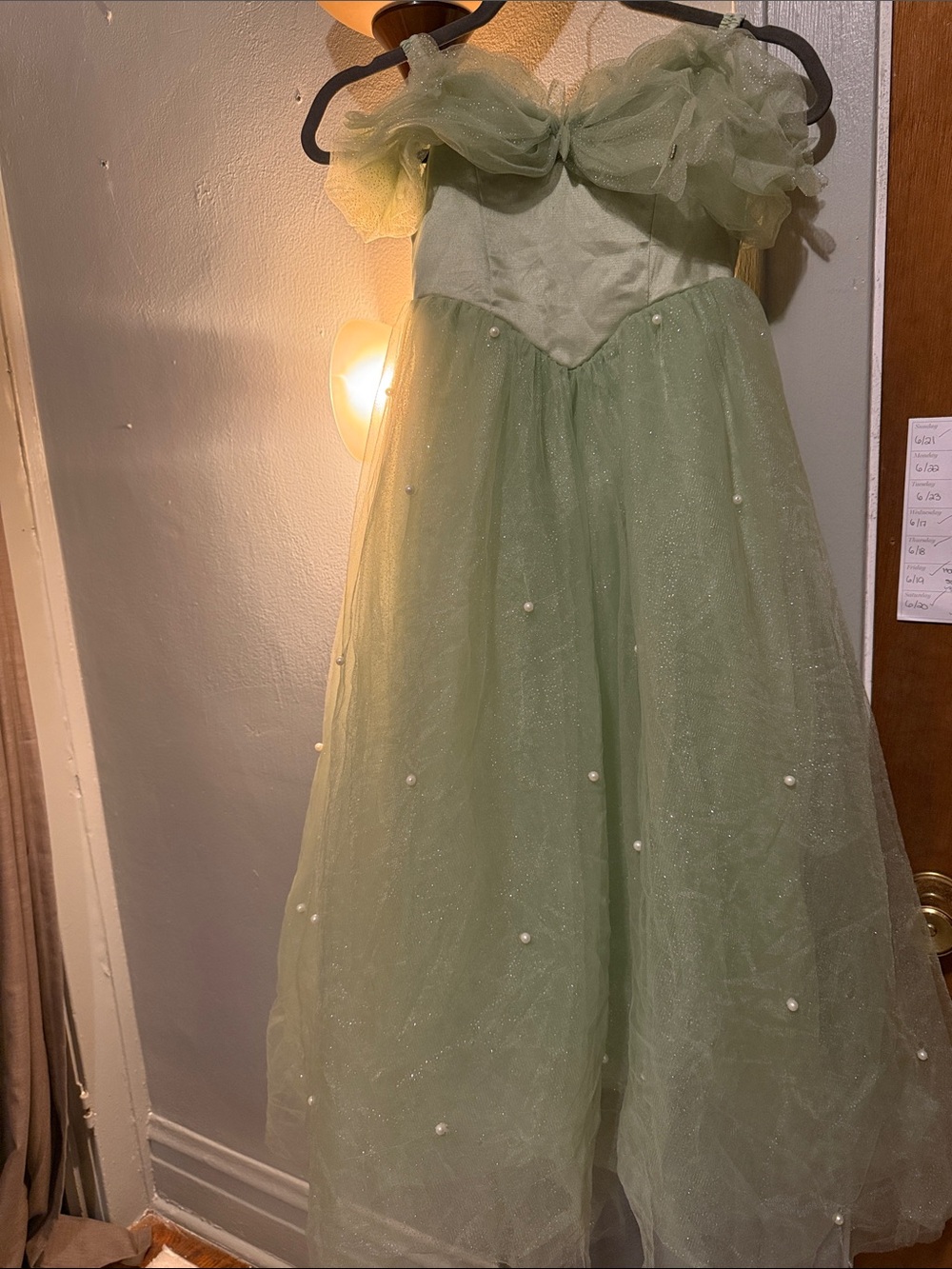 Light Green Tulle Pearl Evening Gown